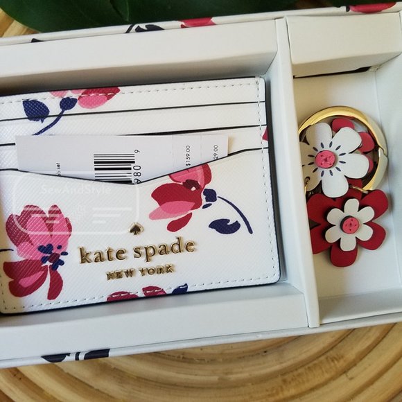 BOXED CARD HOLDER KATE SPADE KEY FOB STACI TEA GARDEN FLORAL BRAND NEW - Picture 3 of 7